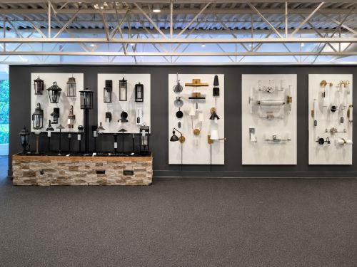 Indoor and outdoor lighting display walls upstairs at Revco Rocky Point